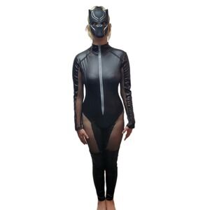 Womens Halloween Bodycon Cat-Suit Costume Size S Pleather Fishnet Mask, Cat Ears
